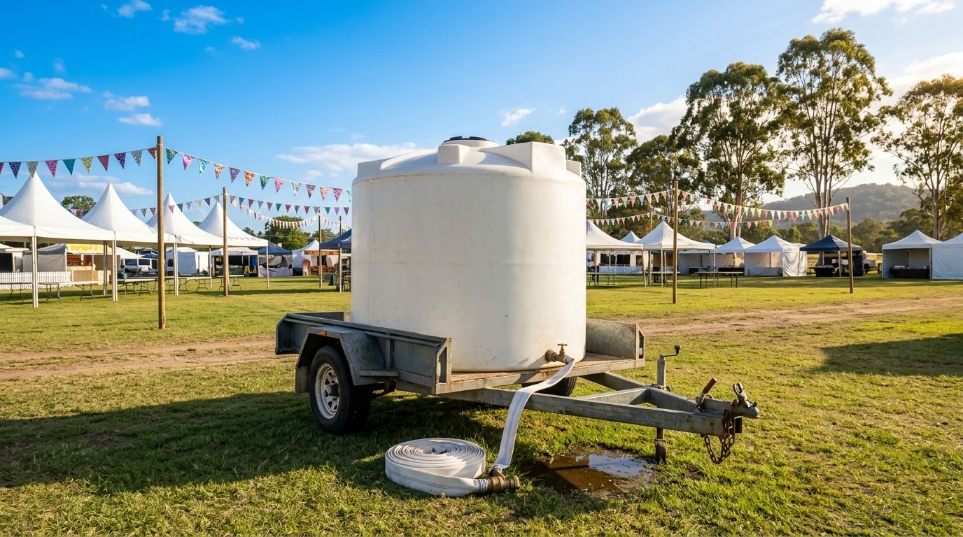 White poly water tank on a trailer parked on the grass at a country event ground, with marquees and bunting behind it