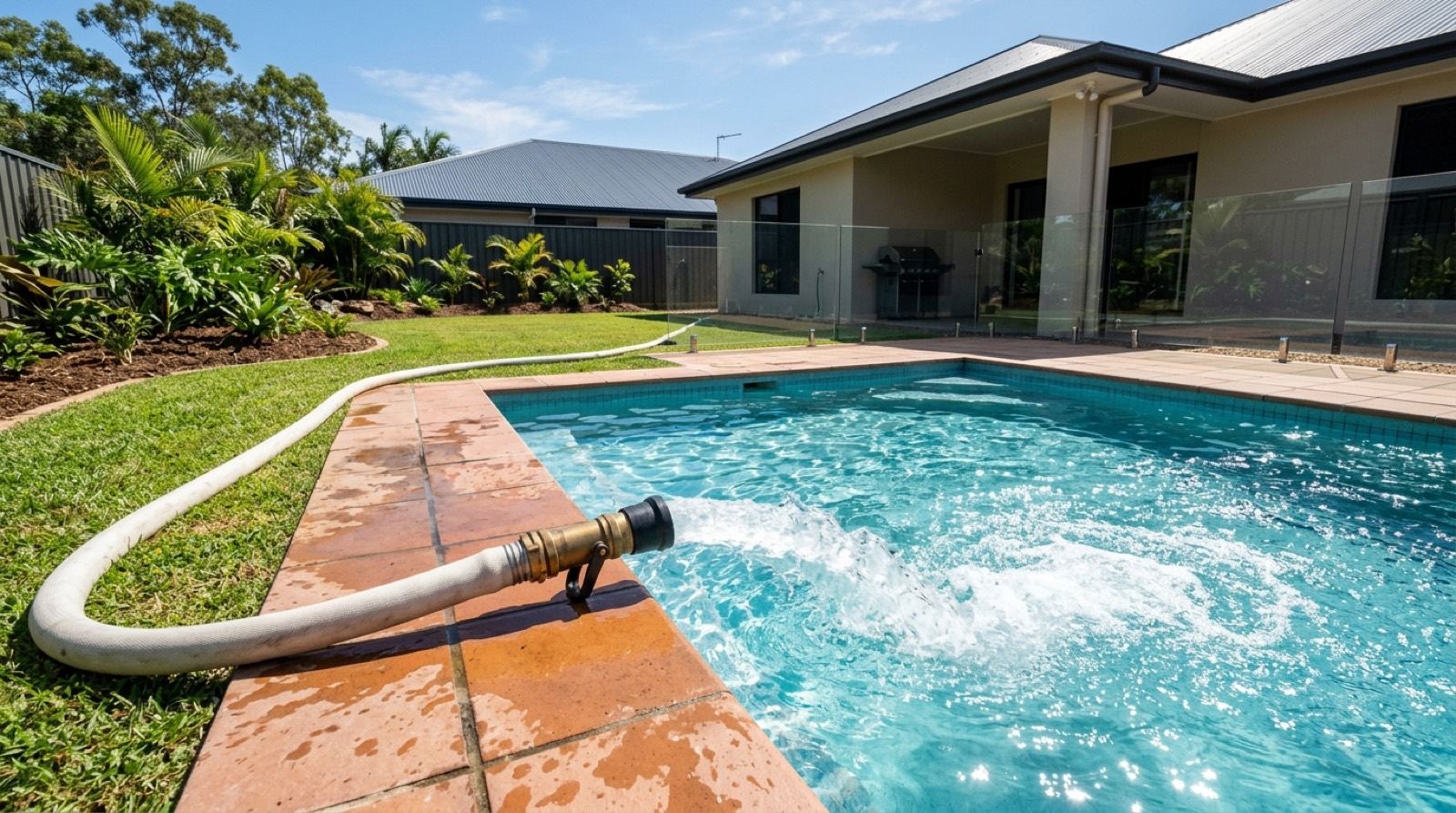 Delivery hose gushing clean water into a backyard swimming pool beside fresh turf and landscaping at a Queensland home