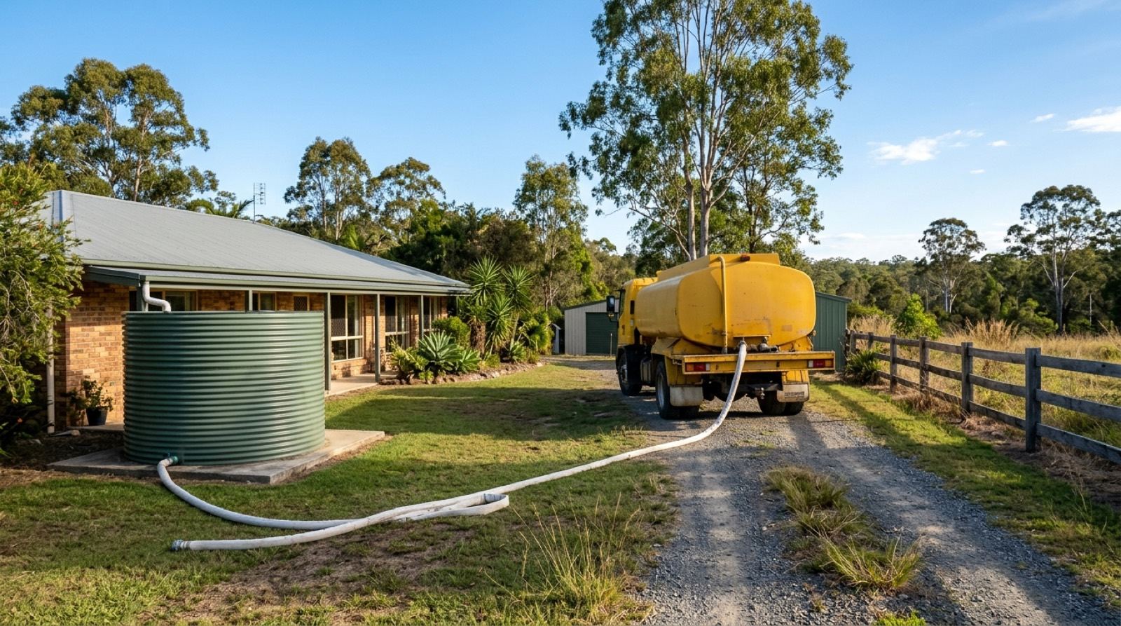 Water tanker parked on an acreage driveway with a delivery hose running across the lawn into a green Colorbond rainwater tank beside a Queensland home