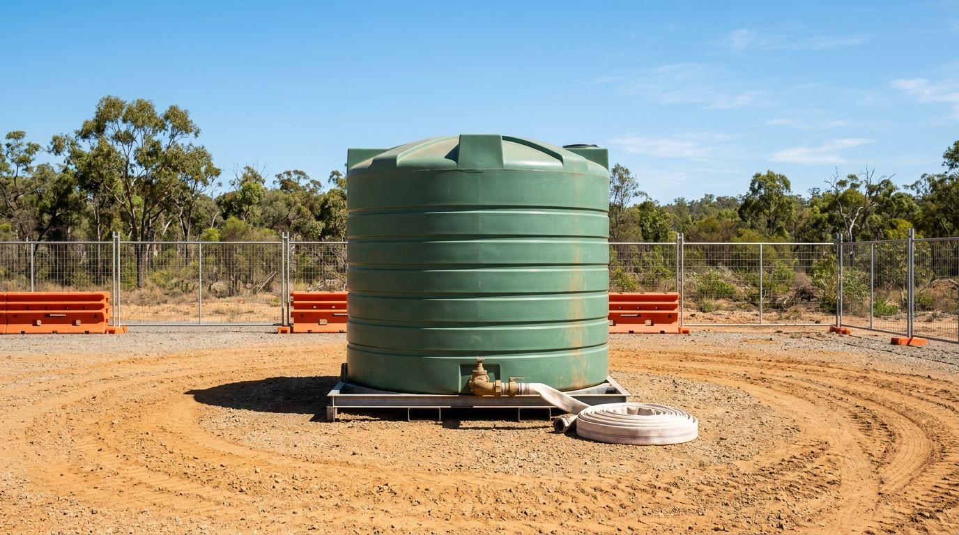 Green poly water tank on a steel skid left standing on a fenced gravel work site with no truck present